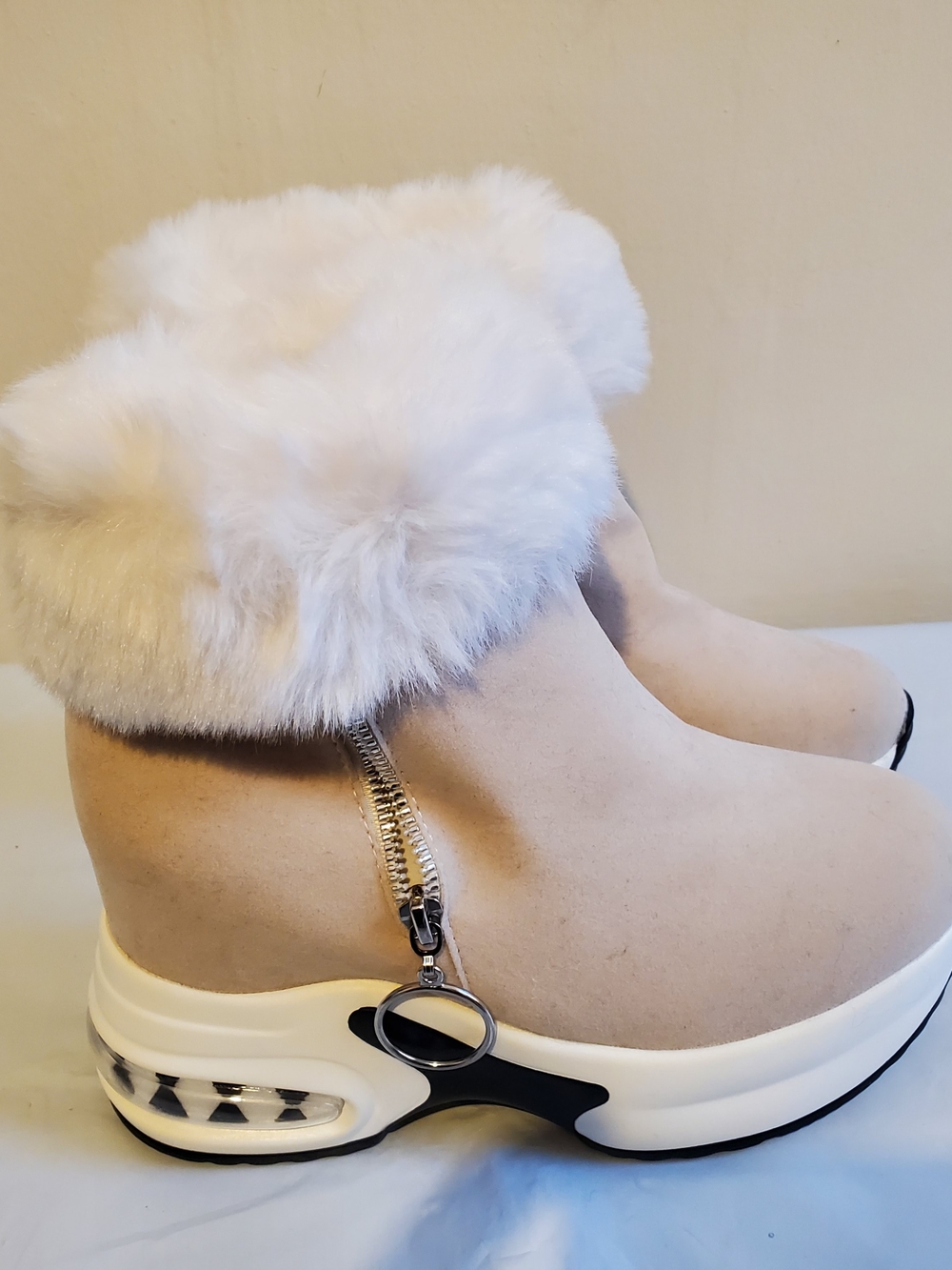 Women’s Faux Fur Ankle Boot Sneakers - Cream